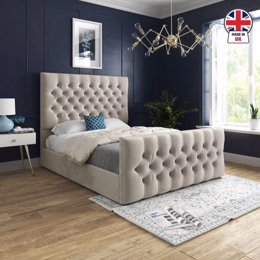 KDMD Rothwell Upholstered Chesterfield Bed Frame in Beige Velvet, Size: Double (140 x 200 cm) – 3