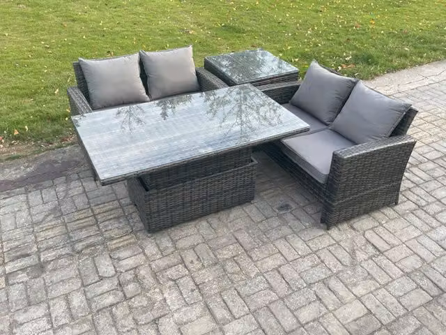 Fimous 4 Piece Poly Rattan Garden Furniture Set with Height Adjustable Rising Table in Dark Grey