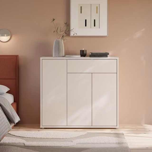 Furniture To Go Alice Springs Shoe Cabinet in Sand with 3 Push-Open Doors and 1 Push-Open Drawer