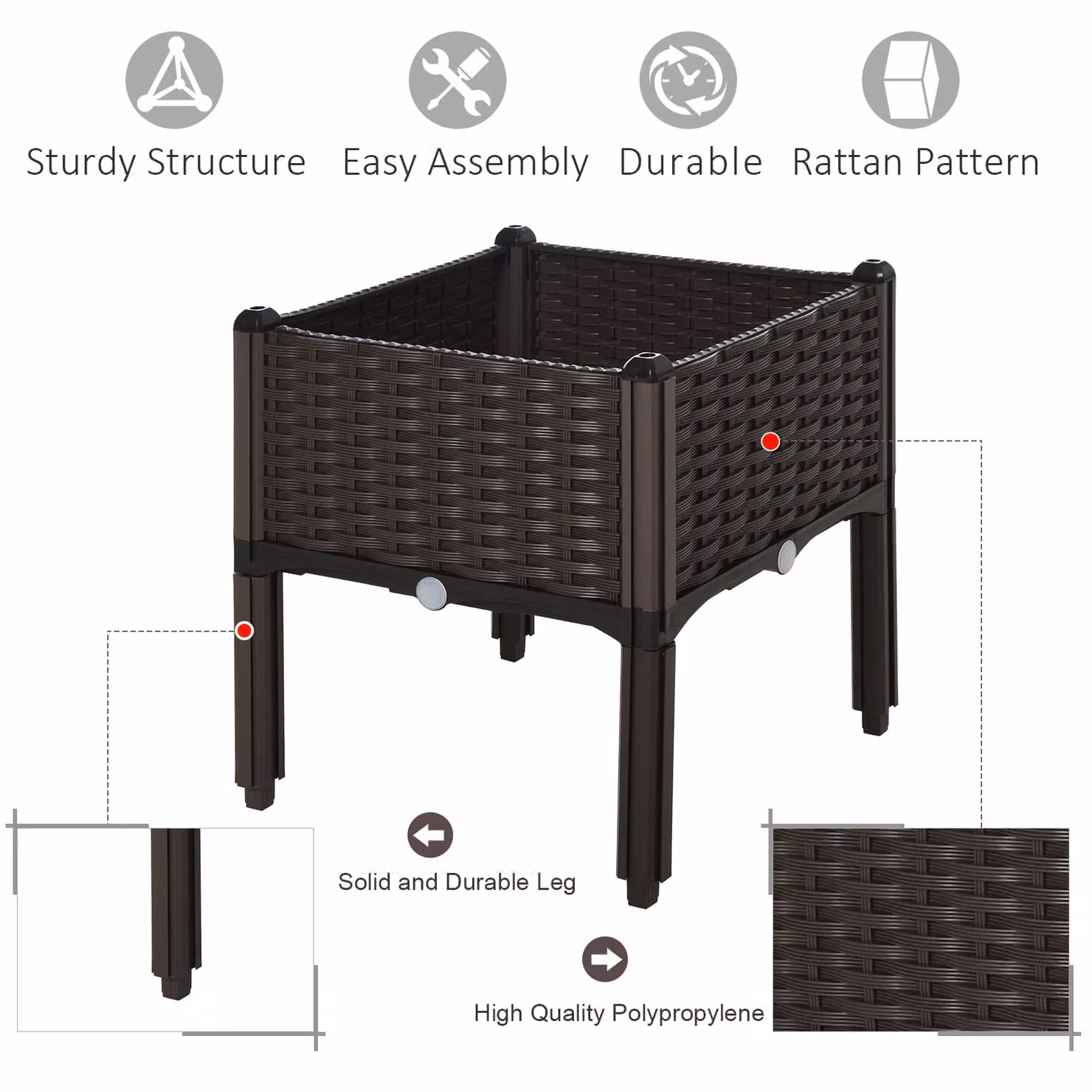 Outsunny Black Elevated Raised Garden Bed for Vegetables, Herbs and Flowers, Plastic WPC, W/D/H: 44 x 40 x 40 cm – 6