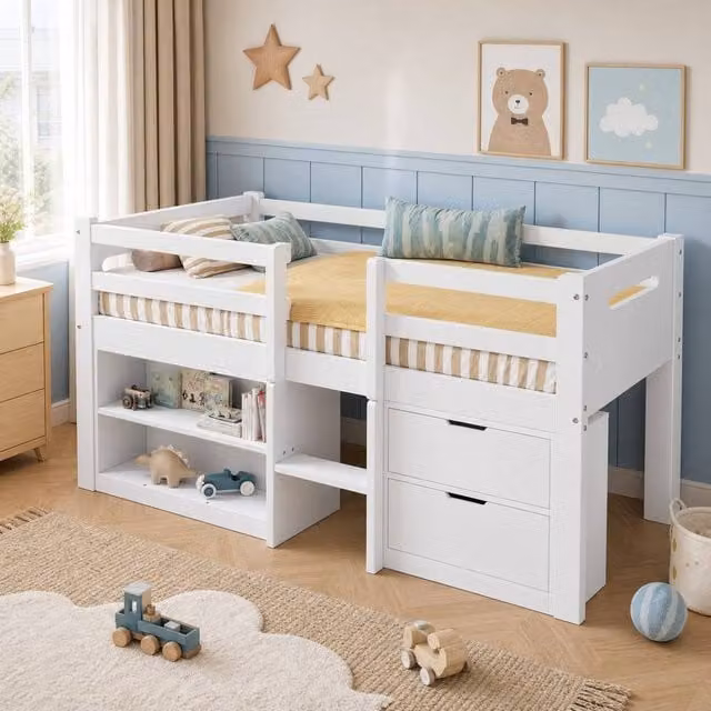 STILVORA Junior Single Bed Frame with Storage Drawers in White, W/D/H: 90 x 190 cm – 1