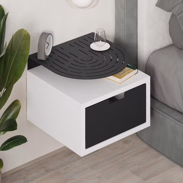 FWStyle Wall Mounted Bedside Table Nightstand with 1 Drawer and 1 Shelf in Matt White