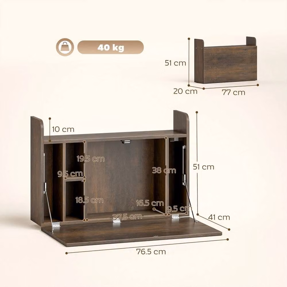 FORGEVIO Modern Brown Wall Mounted Secretary Desk with Folding Top and Storage Compartments – 2