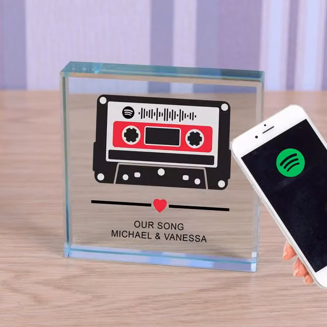 Uniqueful Personalised Our Song Cassette Glass Token Anniversary Keepsake in Transparent and Beige
