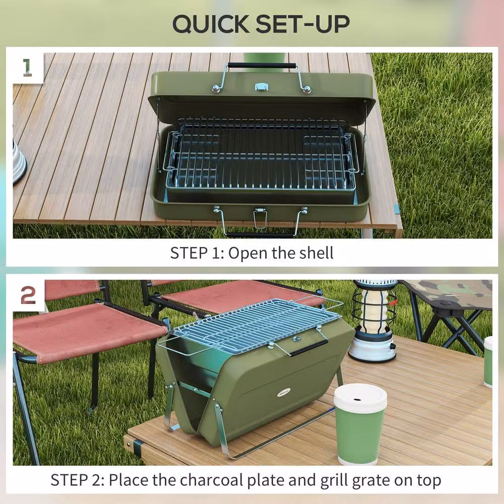 OUTSUNNY Portable Charcoal Tabletop BBQ Grill with Suitcase Design in Green, W/D/H: 47.0 x 30.0 x 28.0 cm – 4