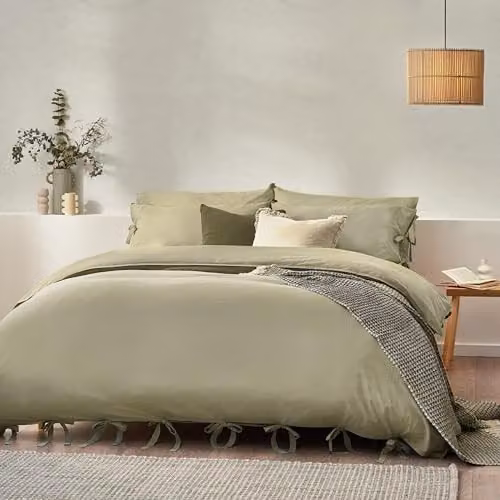 Riva Home Yard Mallow Bow Tie 100% Cotton Percale Duvet Cover Set in Green, 200 x 200 cm