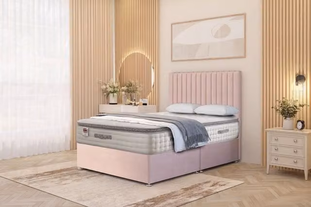 Somnior Eleanor Plush Divan Bed Set with Pillowtop Hybrid Mattress and 54 inch Headboard, Pink Velvet, W/D/H: 200 x 200 cm