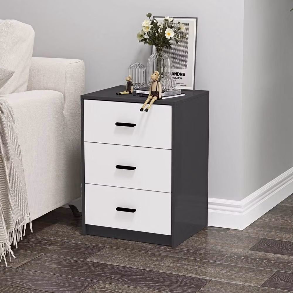 FORGEVIO Modern Bedroom Bedside Cabinet with Drawers, Black Carcass and White Drawers – 2