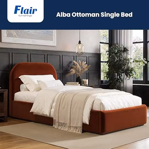 Flair Furnishings Alba Single Ottoman Bed Frame with Storage and Curved Headboard in Orange Velvet, W/D/H: 90 x 190 x 105 cm – 3