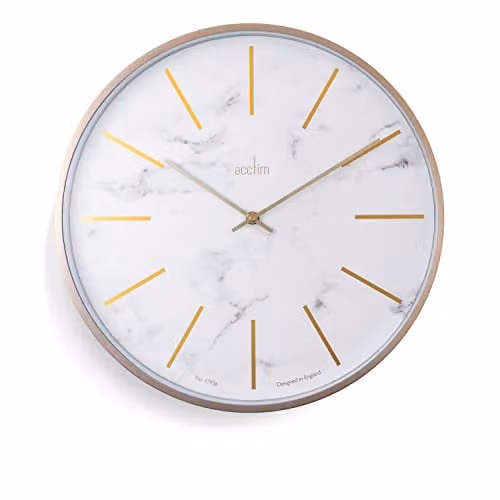 Acctim Luxe Round Quartz Wall Clock in White with Green Marble, Gold Embossed Batons and Brass Hands, Diameter: 40 cm