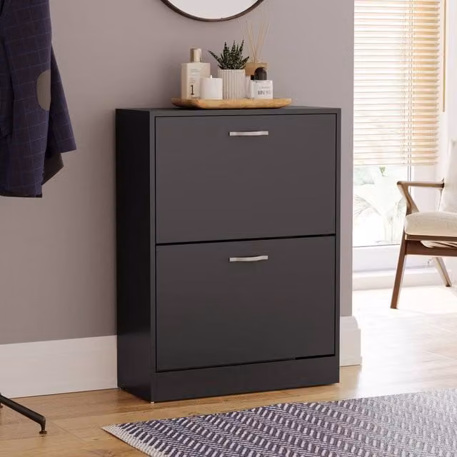 HD Designs Vida Designs Modern Black 2 Drawer Shoe Cabinet with Tilting Compartments