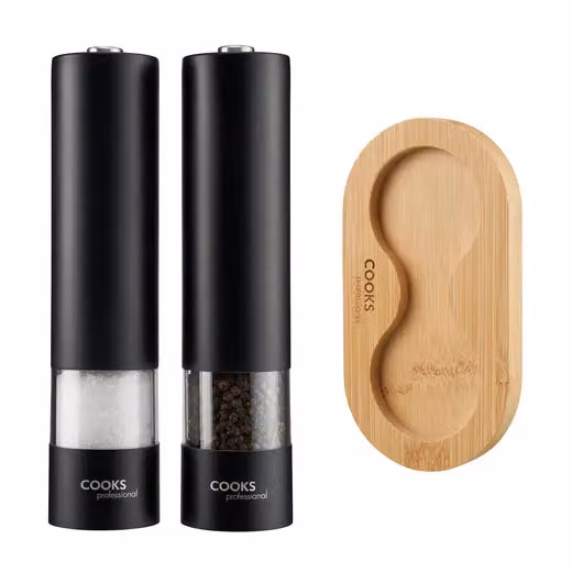 Cooks Professional Electric Salt and Pepper Mill Set with Bamboo Base, Black Stainless Steel Battery Operated Automatic Grinders – 2