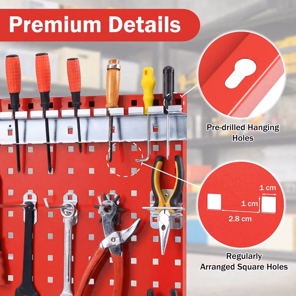 Costway Wall-Mounted Metal Pegboard Tool Organising Kit in Red – 3