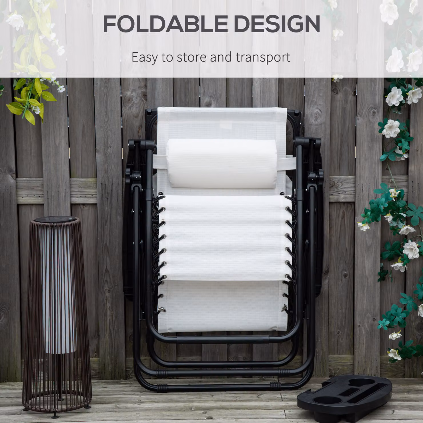 Outsunny 2 Piece White Foldable Reclining Garden Chair Set with Adjustable Headrest, Sun Canopy, Armrests and Footrest – 6