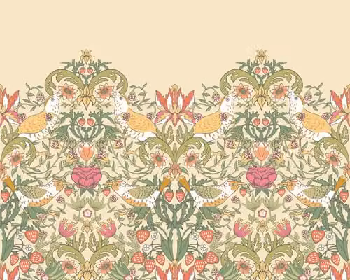 Origin Murals Birds, Fruit and Foliage Floral Wall Mural in Gold, W: 300 cm, H: 240 cm – 1