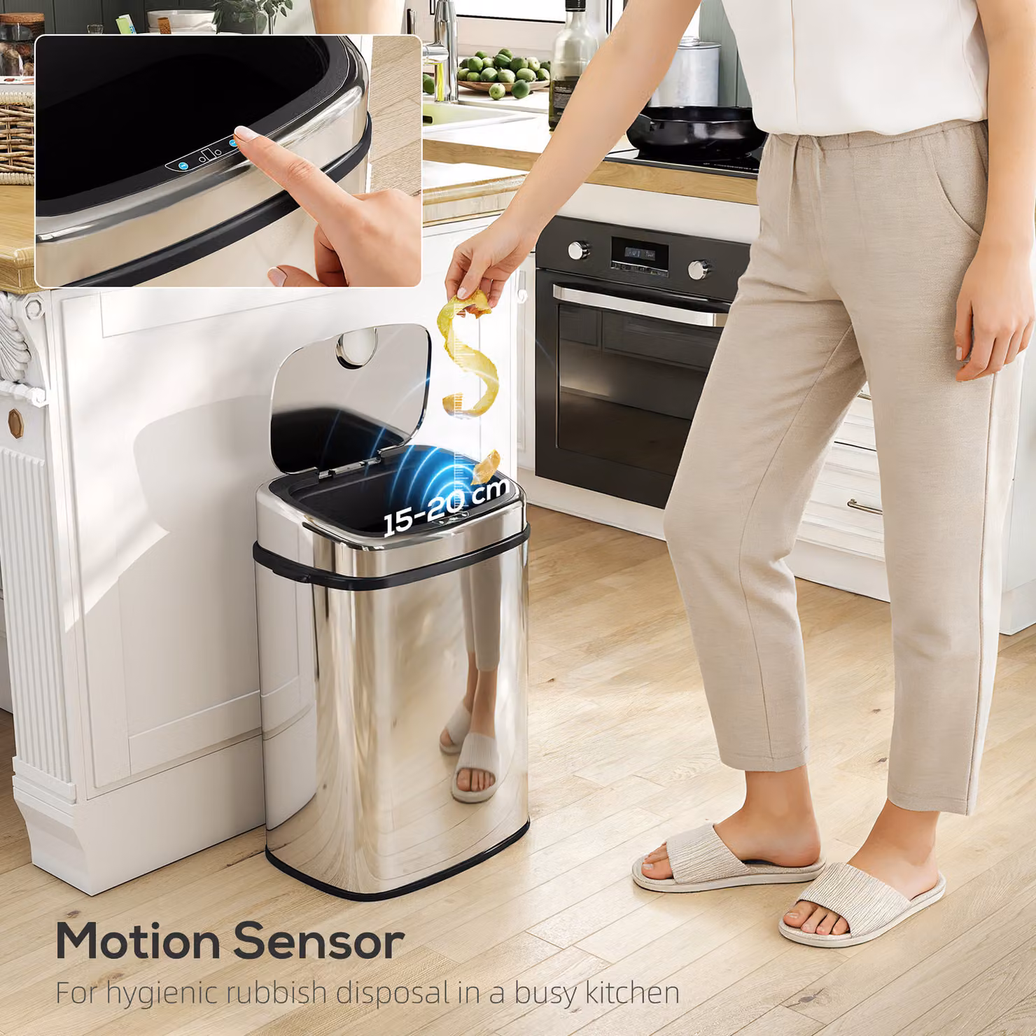 HOMCOM 50L Stainless Steel Sensor Bin with Soft-Close Lid and Fingerprint-Proof Finish in Silver Tone – 3