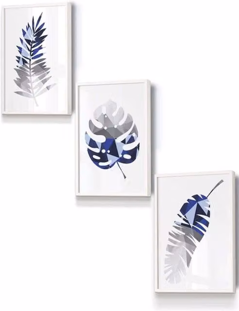 ARTZE Geometric Tropical Leaves Framed Wall Art in Navy Blue, Grey and White, W: 33 cm, H: 45 cm, D: 2 cm