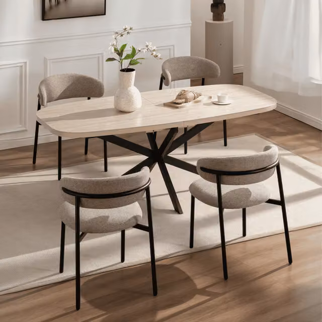 Home Source Axal Oak Effect Extendable Dining Table and 6 Beige and Black Velora Chairs Set