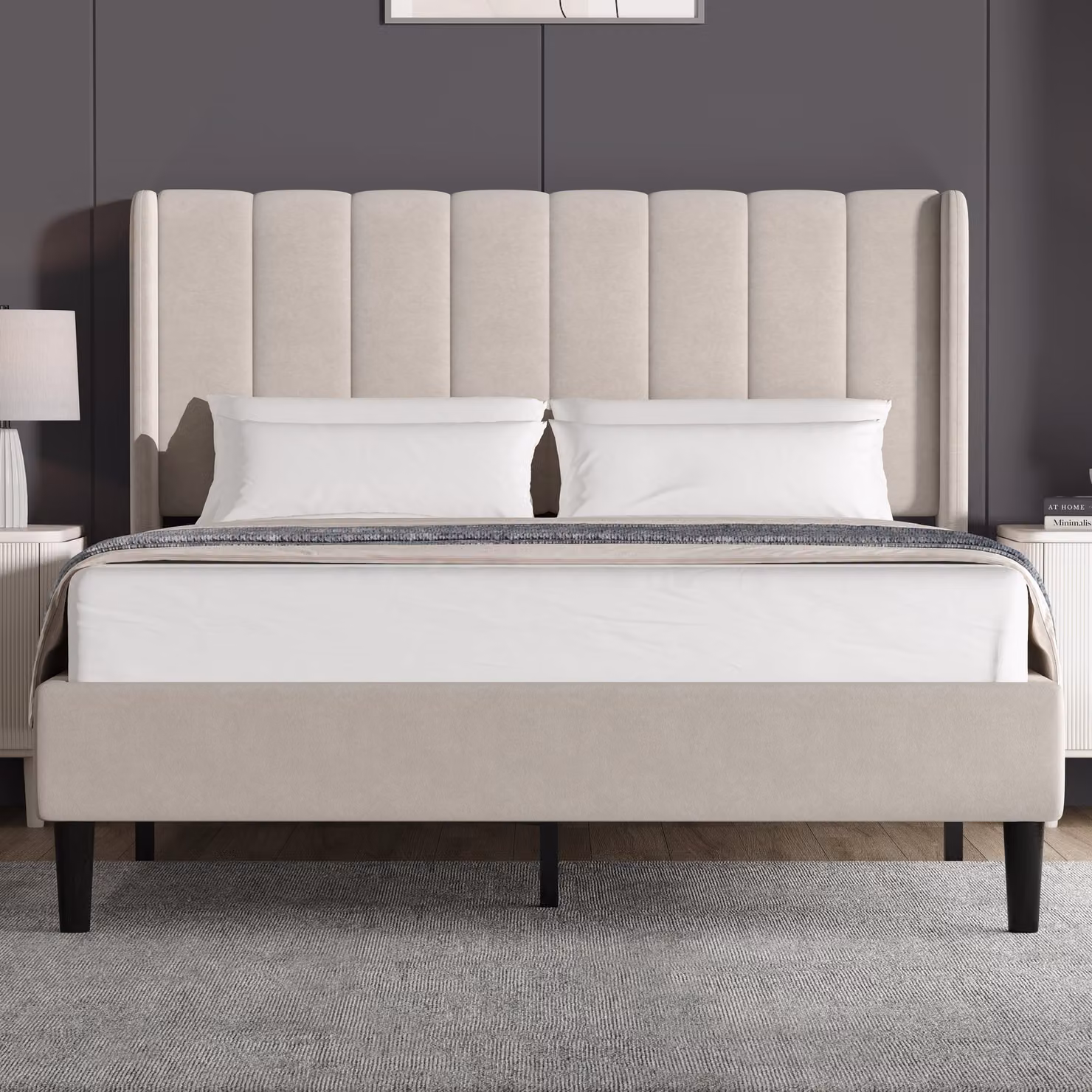 DHS Vertical Line Velvet Upholstered Bed Frame in Beige, Double (4ft6)