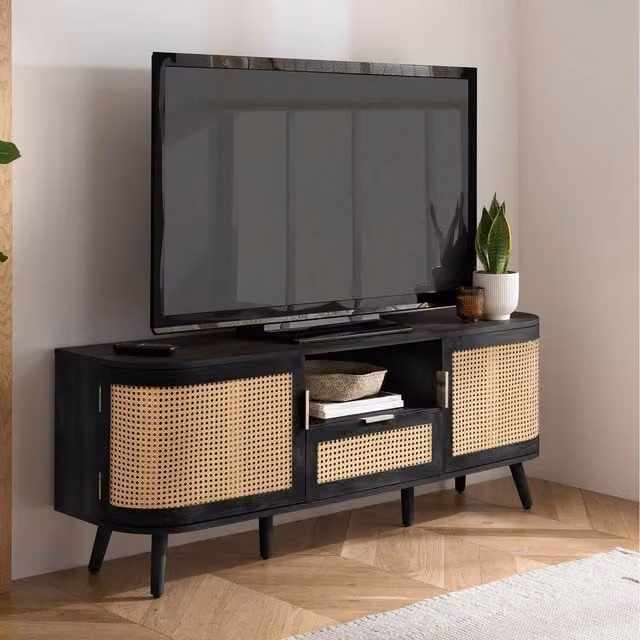Birlea Sark Modern Rattan TV Entertainment Unit with Curved Black Wood Cabinet