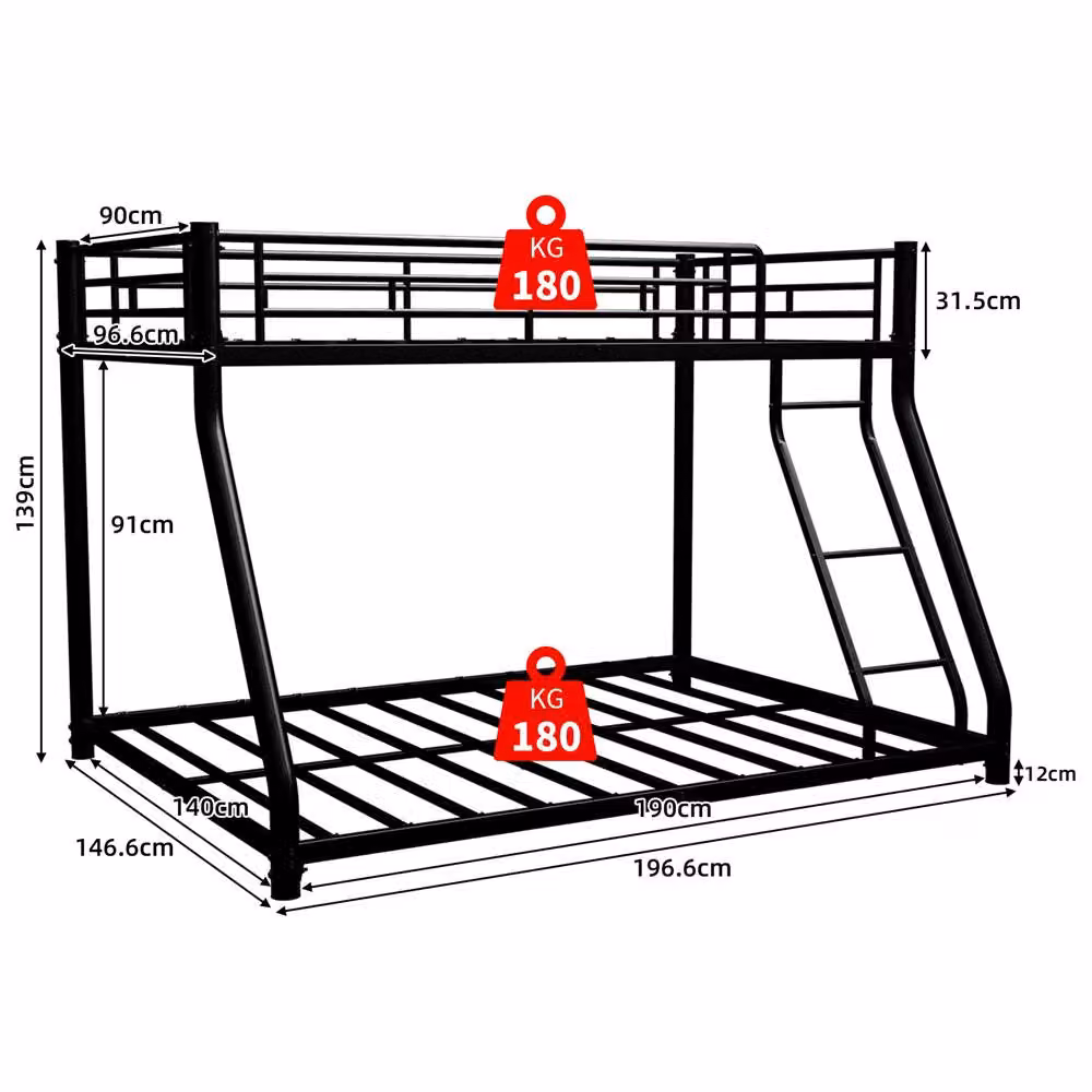 Direct Wicker Single Metal Bunk Bed with Ladder and Guardrails in Black – 2