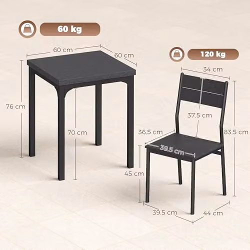 HOMCOM 3 Piece Compact Dining Set with Square Table and 2 Chairs in Black Industrial Style, W/D/H: 60 x 60 x 76 cm – 7