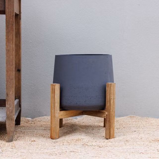 Primrose Grey Textured Concrete Round Garden Planter with Wooden Stand, Diameter: 43 cm