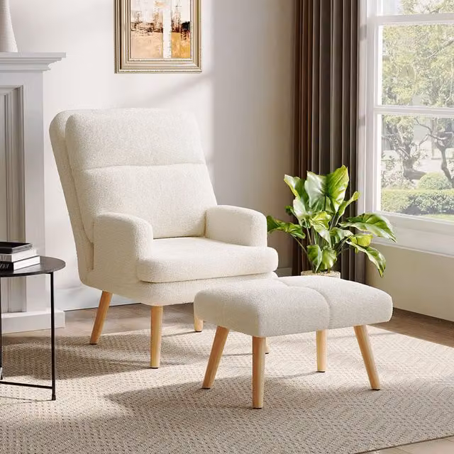 Komore Sherpa Recliner Lounge Chair with Ottoman in Beige and White