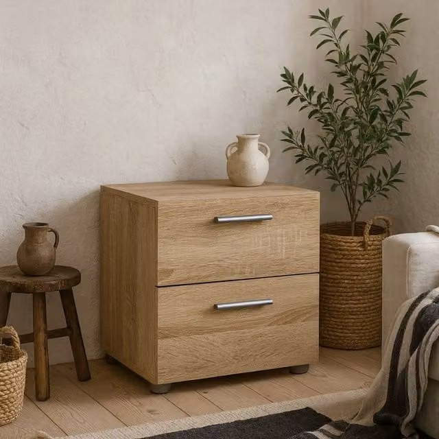 Wyld Haus Daejeon 2 Drawer Bedside Table in Brown and Beige Natural Oak Effect, W/D/H: 40.25 x 40.0 x 42.3 cm