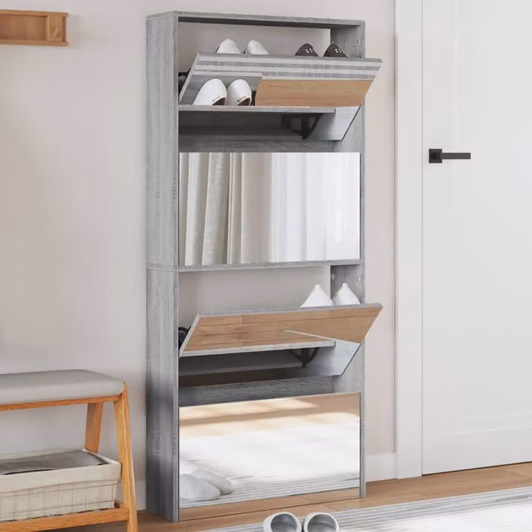 Berkfield Home 4-Layer Shoe Cabinet with Mirror in Grey Sonoma, W: 63 cm, D: 17 cm, H: 134 cm