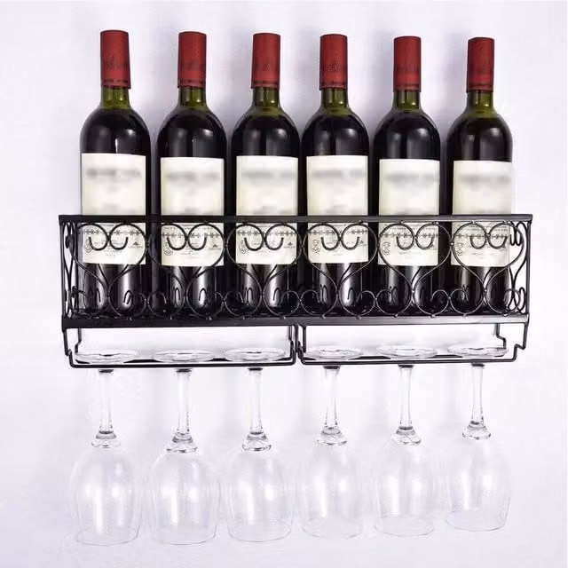VOGREX Black Wall Mounted Metal Wine Rack and Hanging Glass Holder – 1
