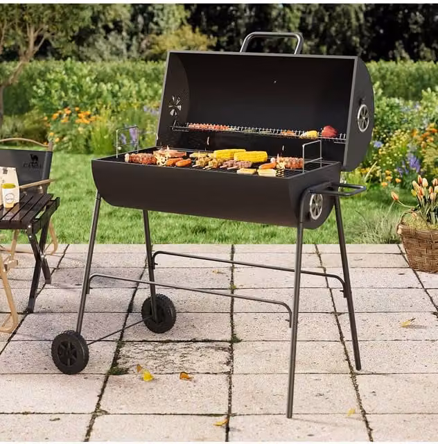 Living and Home Steel Charcoal Garden Grill with Wheels in Black, W/D/H: 79 x 68 x 90 cm – 1