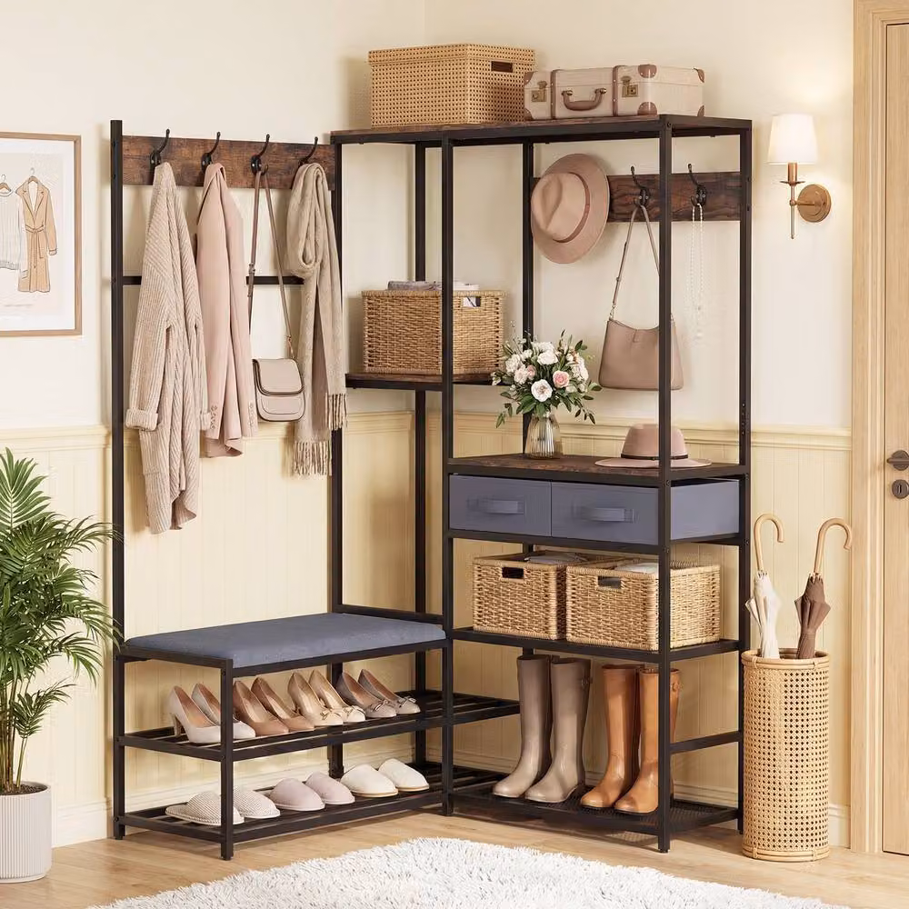 Gymax L-Shaped Corner Coat Rack with Shoe Bench and Hall Tree in Brown – 4