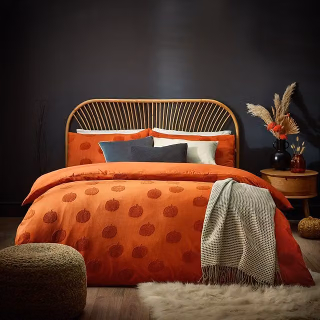 Furn Pumpkin Tufted Halloween 100% Cotton Duvet Cover Set in Burnt Orange, W: 200 cm x D: 200 cm