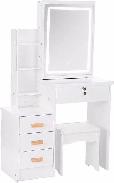 FORGEVIO Large Modern White Vanity Desk with Hollywood LED Mirror