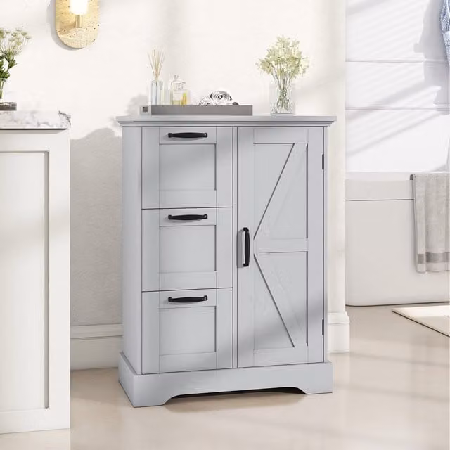 COSTWAY Grey Rustic Farmhouse Accent Cabinet in MDF