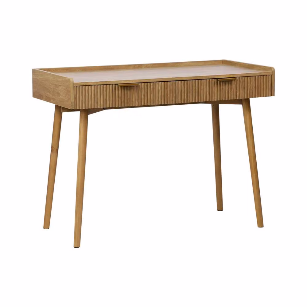 sweeek Modern Grooved Mango Wood Effect Writing Desk with 2 Drawers in Brown and Gold – 2