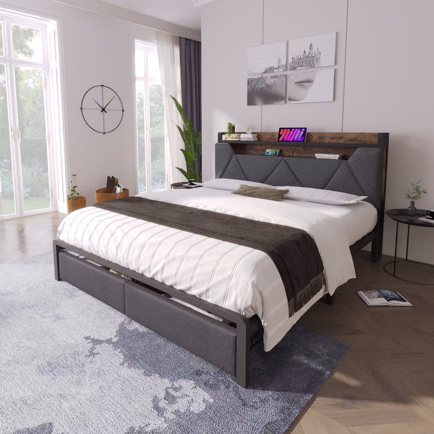 Aosom UK Upholstered Double Bed with Smart LED Lighting, USB Type-C Charging and Storage Drawers, Grey, L: 208 cm, W: 137 cm, H: 110 cm – 6
