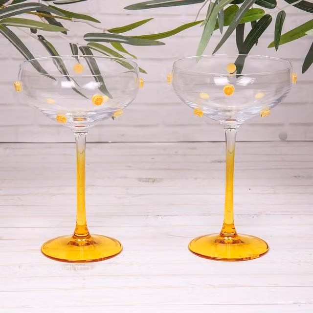 Annibells Set of 2 Orange Floral Cocktail Coupe Glasses with Saucers