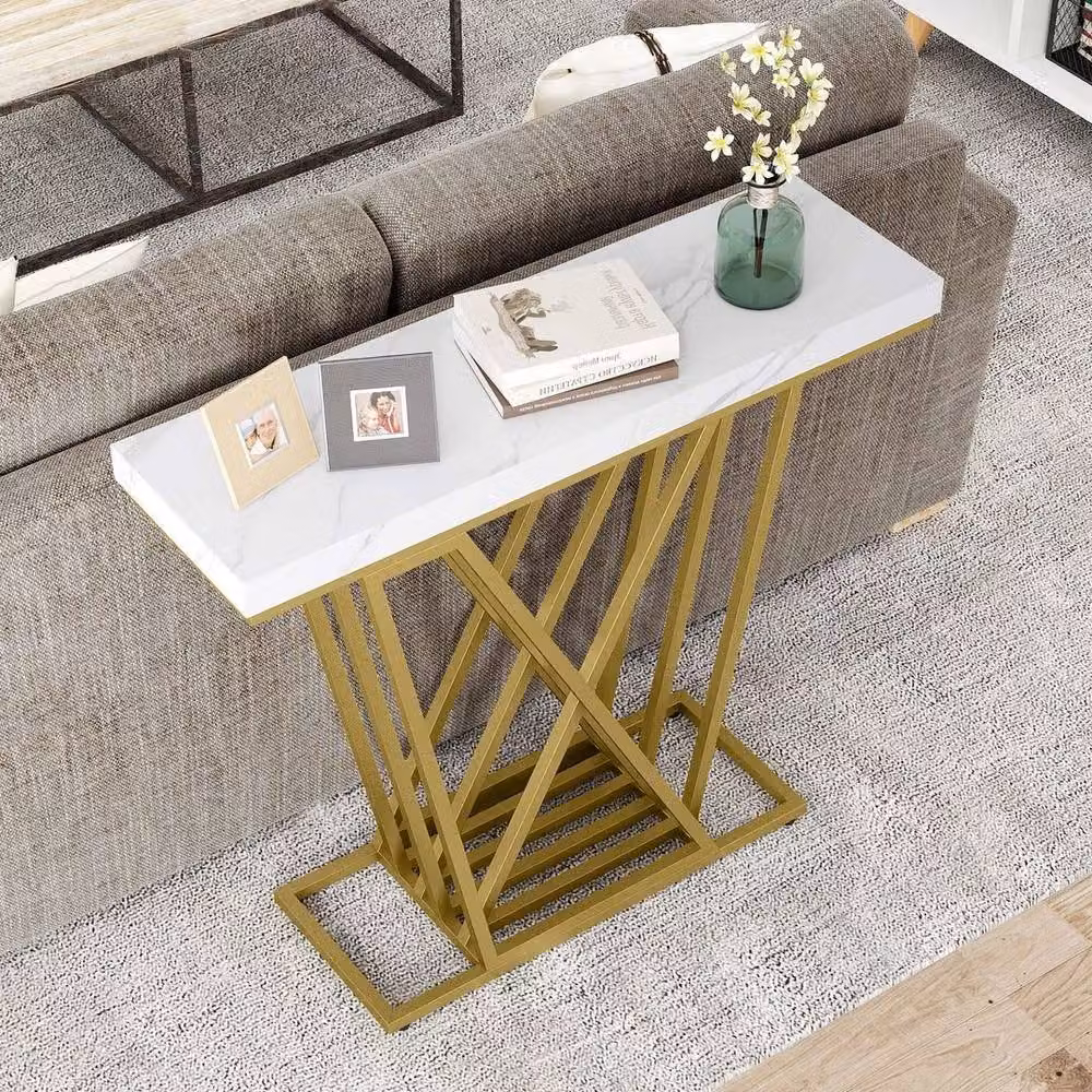 KORVIXA Modern Rectangular Console Table with Faux Marble Top and Gold Metal X-Frame, White, W: 100 cm, D: 30 cm, H: 81 cm – 3