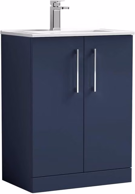 Balterley Blue Modern Freestanding Bathroom Floor Vanity Unit with Soft Close Doors and Basin, Width: 60 cm