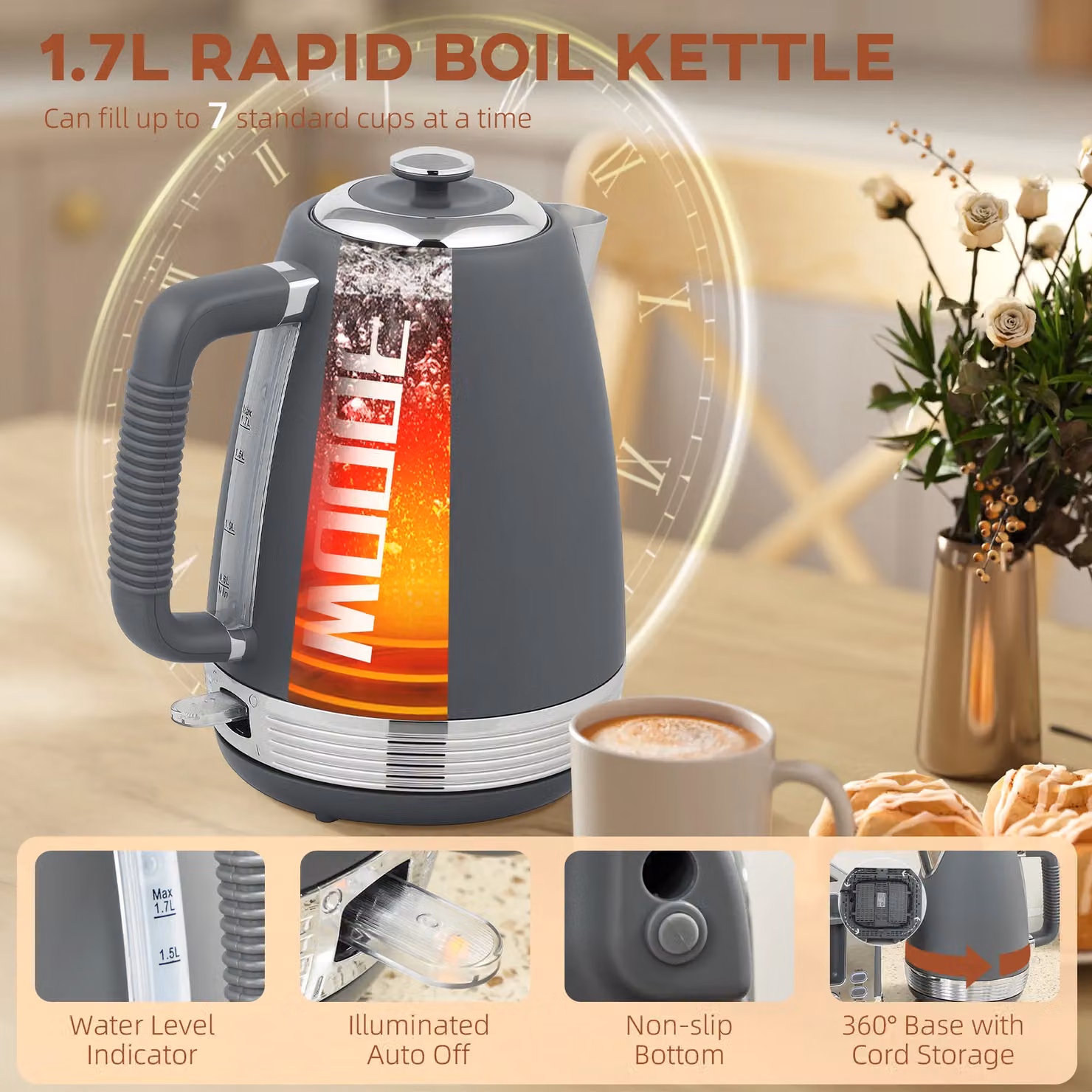 HOMCOM Grey Quick Boil 1.7L Kettle and 4 Slice Toaster Set with Crumb Tray – 2
