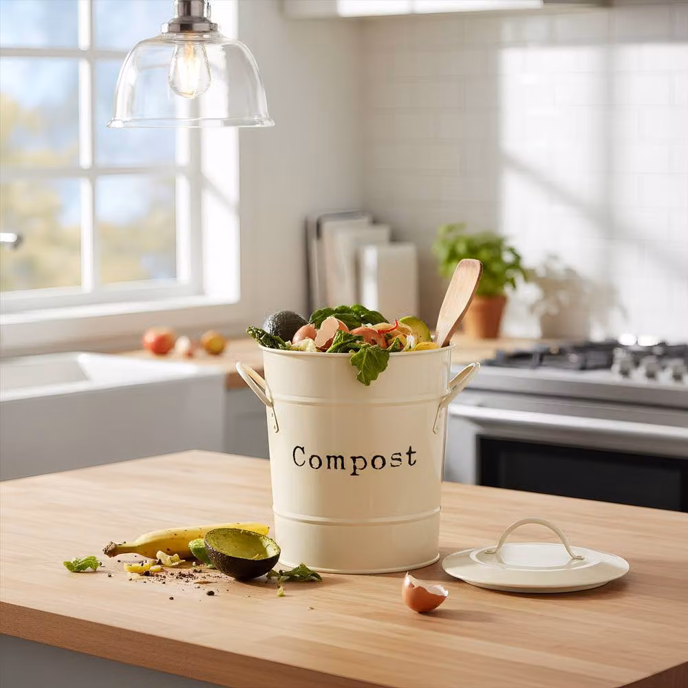 Harbour Housewares Vintage Metal Kitchen Compost Bin with Removable Inner Bucket and Flip Lid in Black and White – 3
