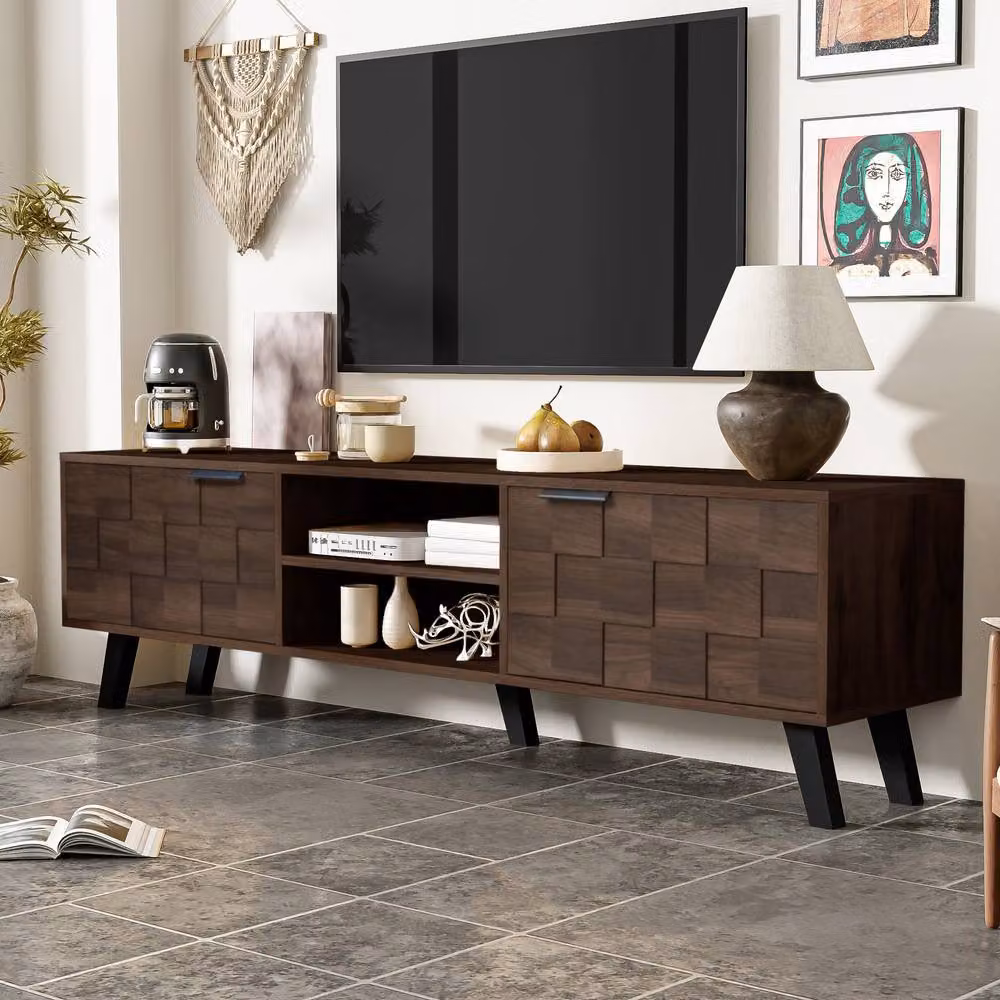 Merax Mid-Century TV Stand with Textured Checkerboard Doors in Natural, W: 160.5 cm, D: 45 cm, H: 45 cm – 3