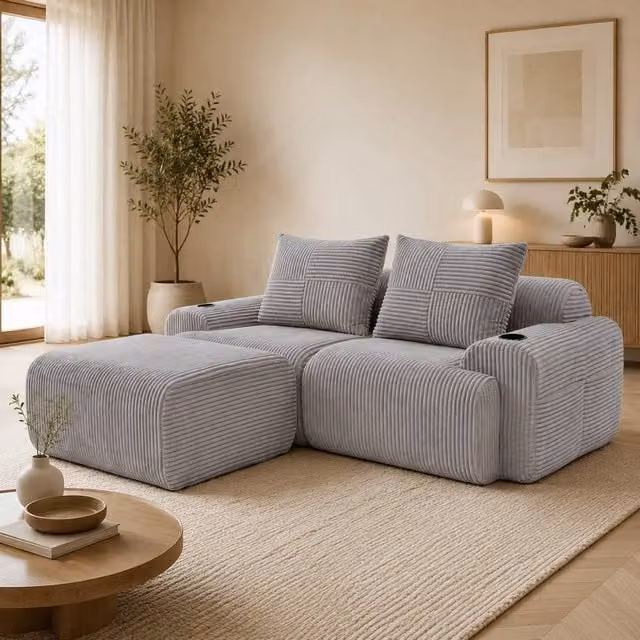 STILVORA 2-Seater Modular L-Shape Sofa with Cup Holder and Storage Pocket in Grey, W: 200 cm, D: 174 cm, H: 80 cm
