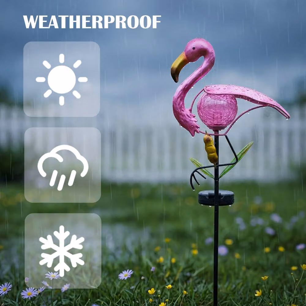 Bright Zeal Pink Solar Metal Flamingo Garden Stake Light with Dusk Sensor – 6