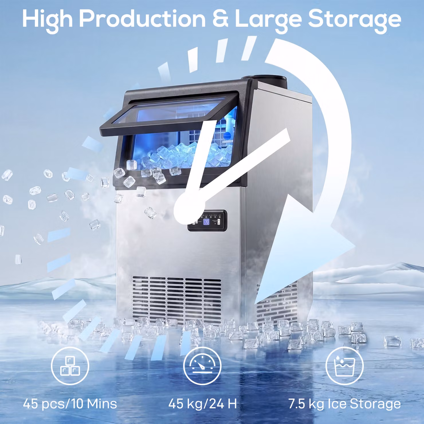 HOMCOM Commercial Ice Maker Machine, 45kg/24H Stainless Steel Under Counter or Freestanding Ice Machine, Silver – 4