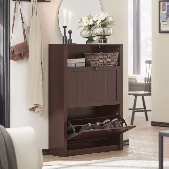 SoBuy Modern Brown Freestanding Shoe Cabinet with Tilting Compartments and Internal Shelves
