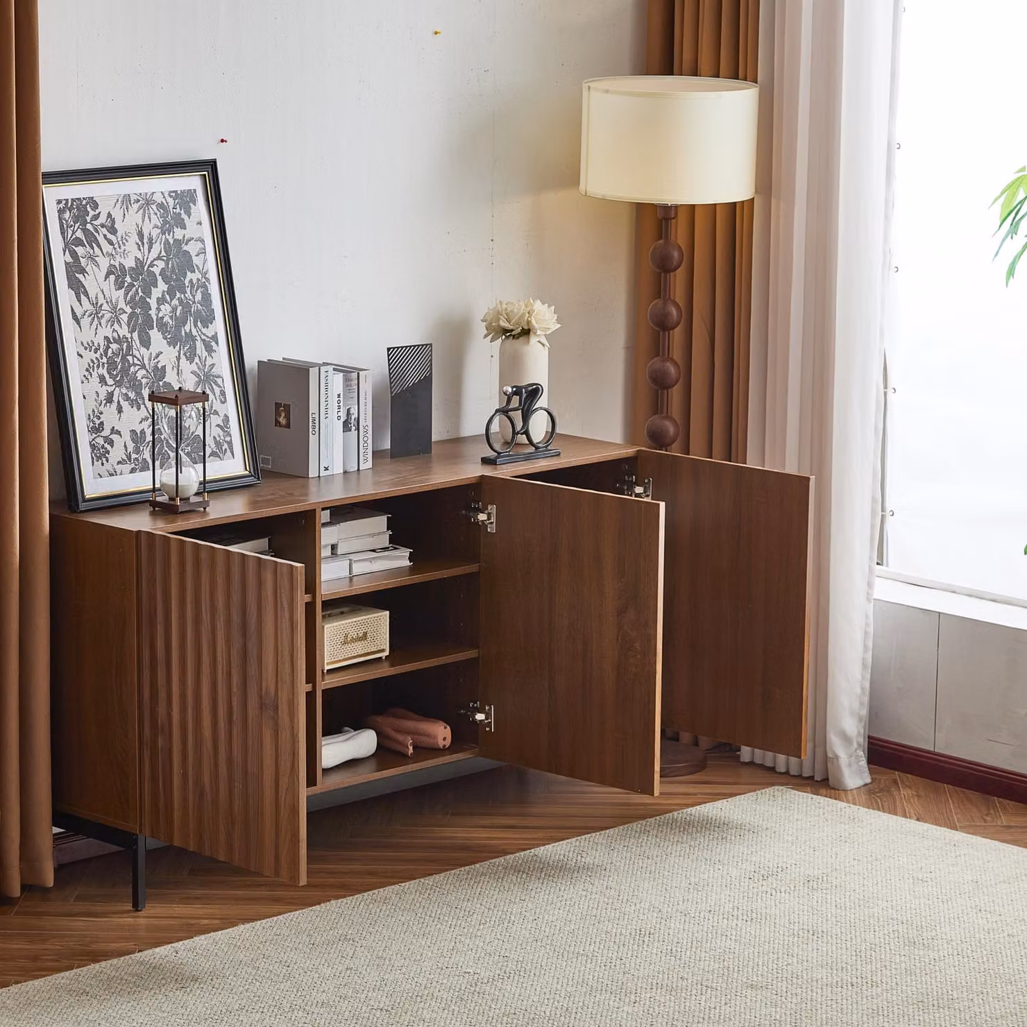 Aosom UK Mid-Century Sideboard with 3D Wave Design and Steel Legs, 3-Door Cabinet with Adjustable Shelves, Brown, W: 150 cm, D: 40 cm, H: 80 cm – 6