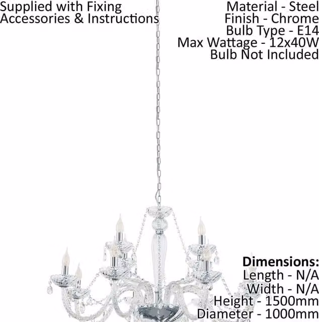 Loops Chandelier in Chrome Plated Steel with Transparent Glass Droplets, E14 Bulb Compatible